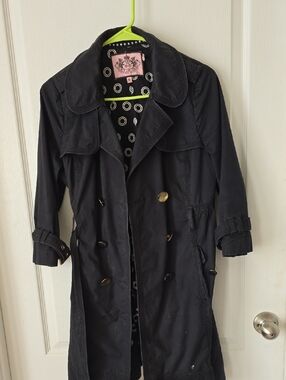 Juicy Couture Black Double-Breasted Trench Coat with Polka Dot Lining